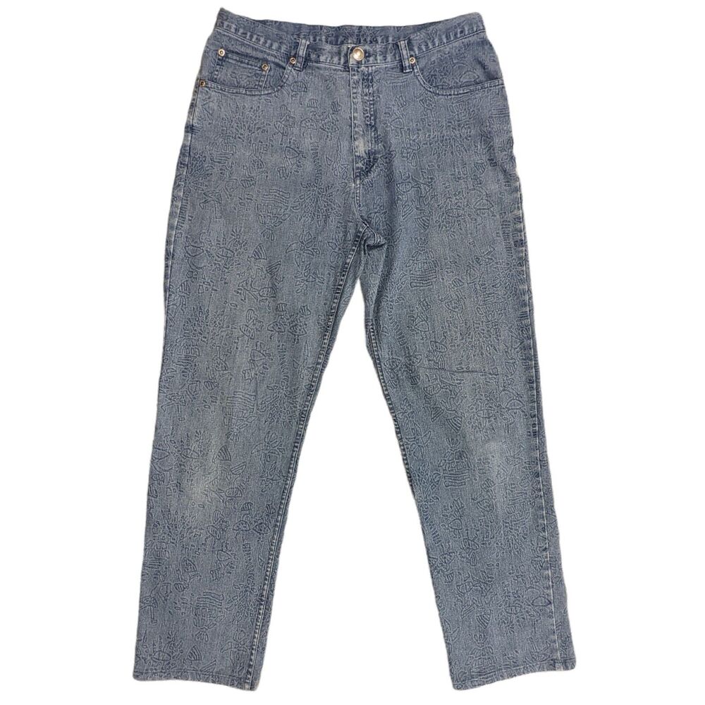 Chico's Design Straight Leg Jeans Women Size‎ 1.5 (US 10) Art-to-Wear Island Art